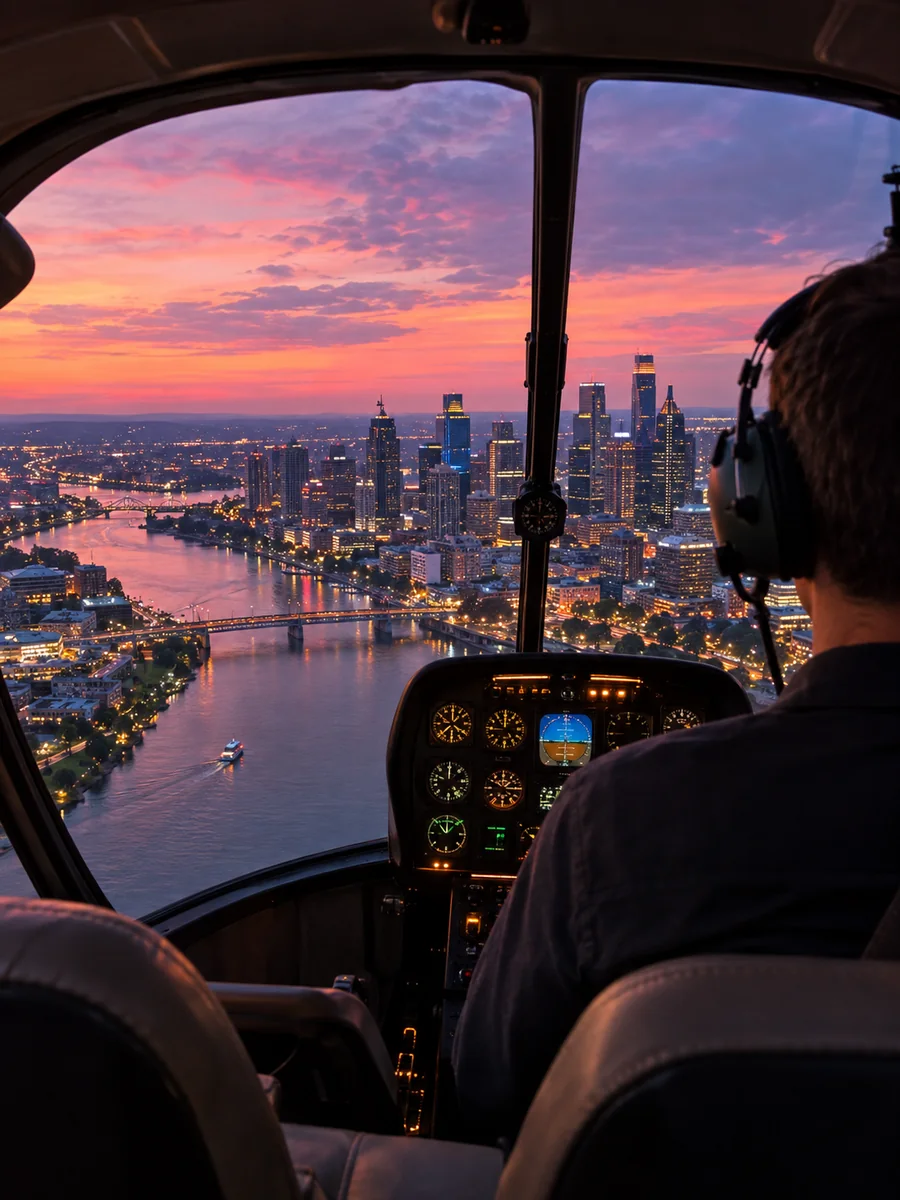 Blick vom Rücksitz eines Hubschraubers auf die Skyline und den Fluss bei Dämmerung