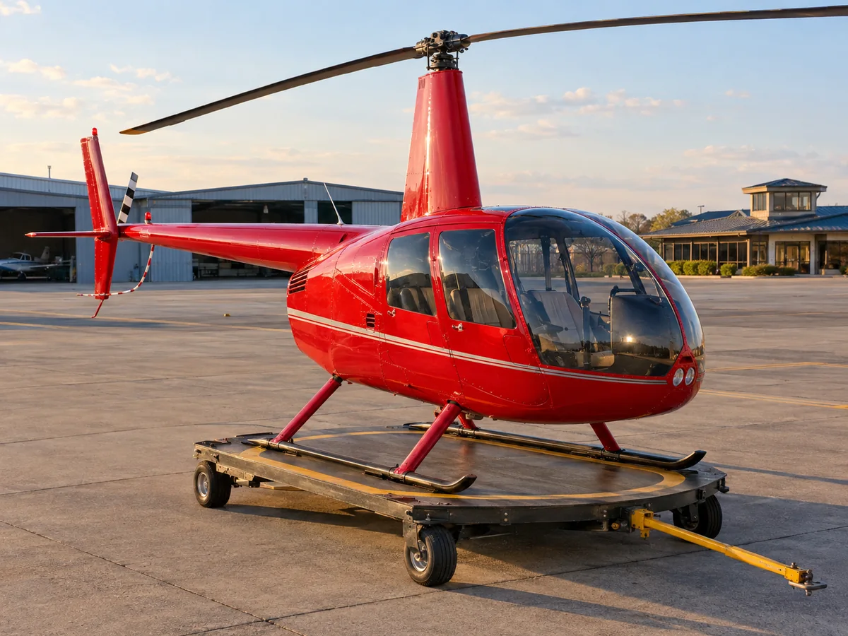 Ein roter Vier-Sitzer-Hubschrauber auf einem Rollwagen auf dem Flughafen-Vorfeld